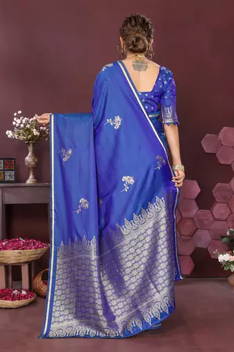 blue Satin silk floral print zari weaving banarasi saree