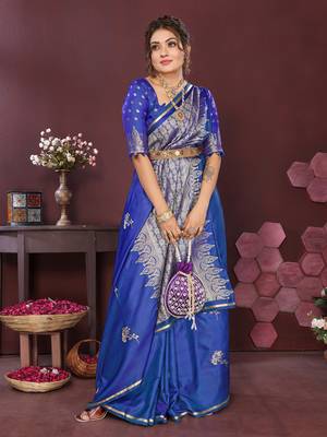 blue Satin silk floral print zari weaving banarasi saree 5