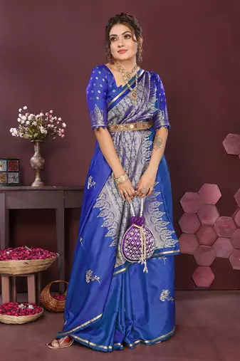blue Satin silk floral print zari weaving banarasi saree