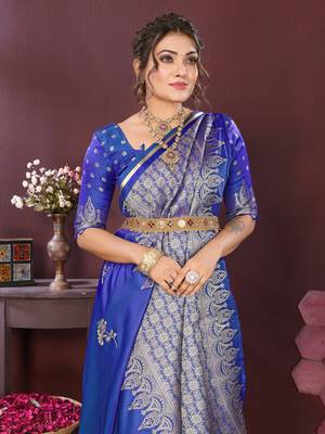 blue Satin silk floral print zari weaving banarasi saree 6