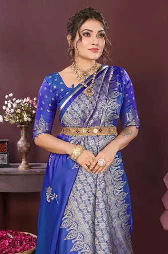 blue Satin silk floral print zari weaving banarasi saree