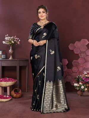 black Satin silk floral print zari weaving banarasi saree 1