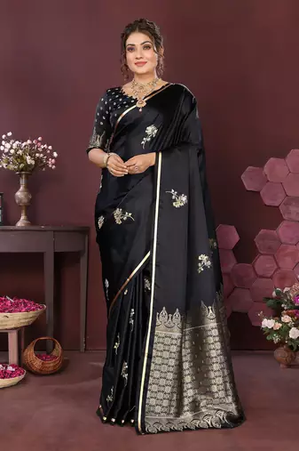 black Satin silk floral print zari weaving banarasi saree