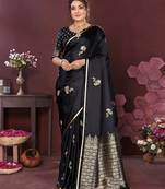 black Satin silk floral print zari weaving banarasi saree
