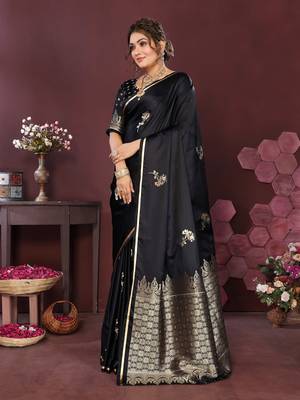 black Satin silk floral print zari weaving banarasi saree 3