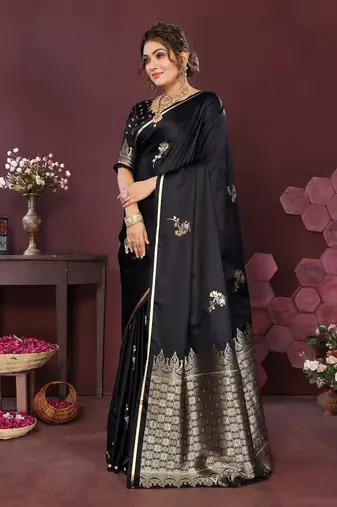black Satin silk floral print zari weaving banarasi saree