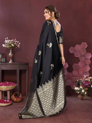black Satin silk floral print zari weaving banarasi saree 4