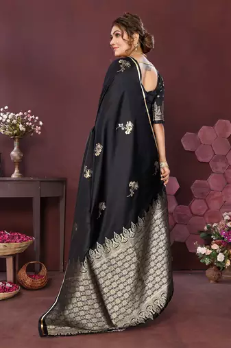 black Satin silk floral print zari weaving banarasi saree