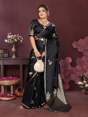 black Satin silk floral print zari weaving banarasi saree 5
