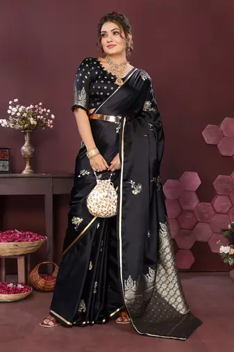 black Satin silk floral print zari weaving banarasi saree