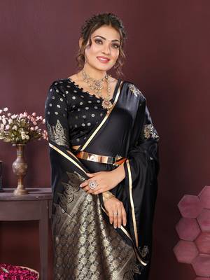 black Satin silk floral print zari weaving banarasi saree 6