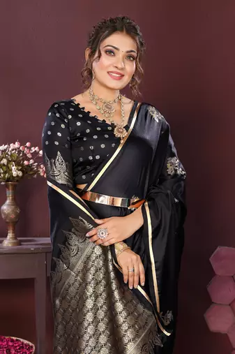 black Satin silk floral print zari weaving banarasi saree