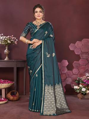 teal Satin silk floral print zari weaving banarasi saree 1