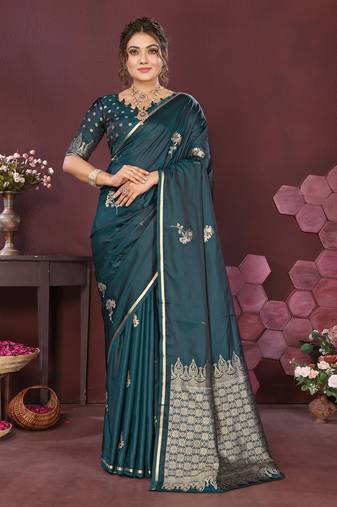 teal Satin silk floral print zari weaving banarasi saree
