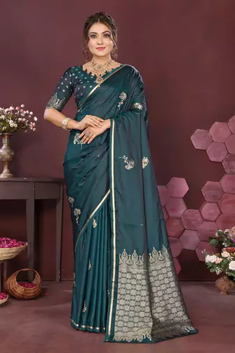 teal Satin silk floral print zari weaving banarasi saree