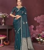 teal Satin silk floral print zari weaving banarasi saree