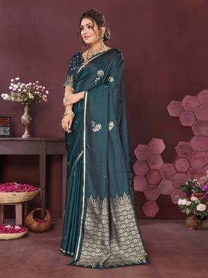 teal Satin silk floral print zari weaving banarasi saree 3