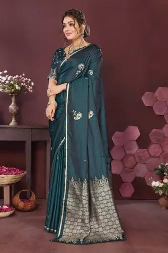 teal Satin silk floral print zari weaving banarasi saree