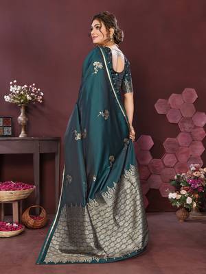 teal Satin silk floral print zari weaving banarasi saree 4