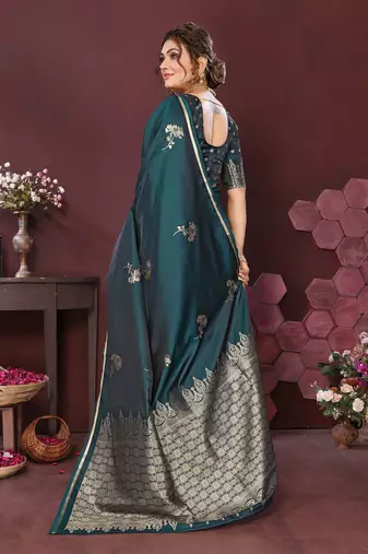 teal Satin silk floral print zari weaving banarasi saree