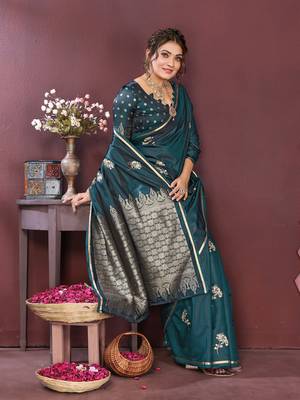teal Satin silk floral print zari weaving banarasi saree 5