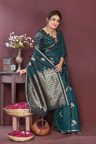 teal Satin silk floral print zari weaving banarasi saree