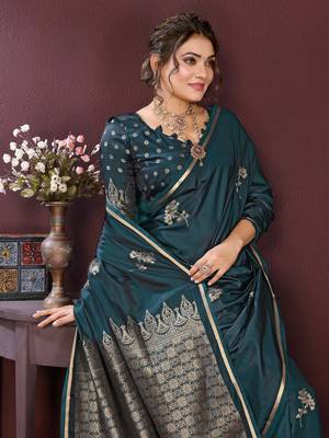 teal Satin silk floral print zari weaving banarasi saree 6