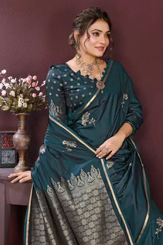 teal Satin silk floral print zari weaving banarasi saree
