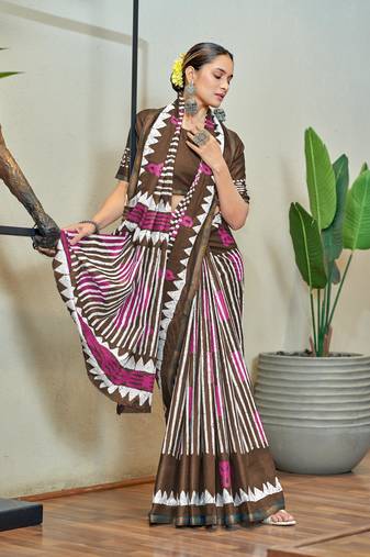 Brown mulmul cotton printed zari border saree with unstitched blouse piece