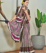 Brown mulmul cotton printed zari border saree with unstitched blouse piece