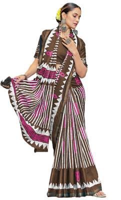 Brown mulmul cotton printed zari border saree with unstitched blouse piece 4