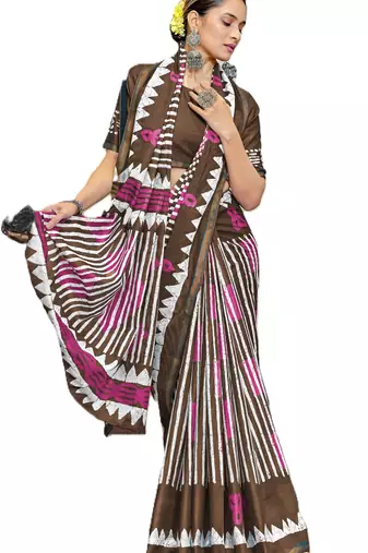 Brown mulmul cotton printed zari border saree with unstitched blouse piece