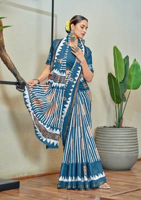 Blue mulmul cotton printed zari border saree with unstitched blouse piece 1
