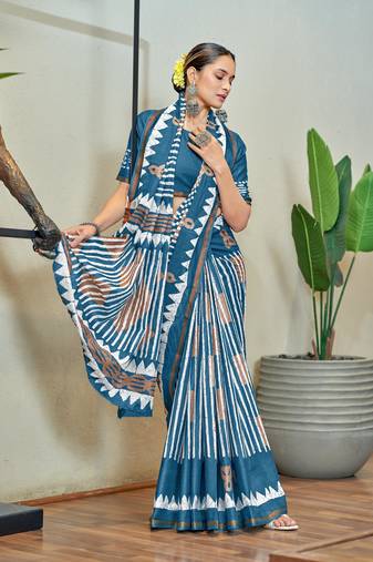Blue mulmul cotton printed zari border saree with unstitched blouse piece