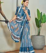 Blue mulmul cotton printed zari border saree with unstitched blouse piece
