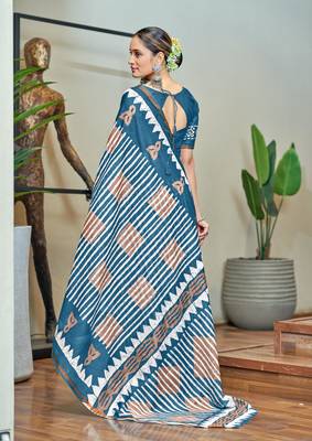 Blue mulmul cotton printed zari border saree with unstitched blouse piece 2