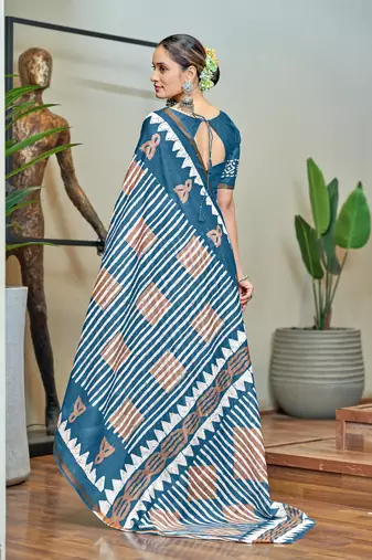 Blue mulmul cotton printed zari border saree with unstitched blouse piece