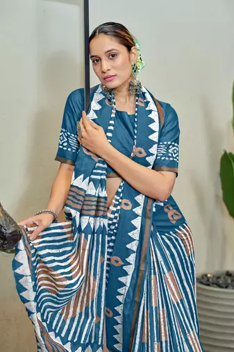 Blue mulmul cotton printed zari border saree with unstitched blouse piece
