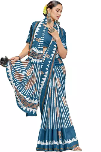 Blue mulmul cotton printed zari border saree with unstitched blouse piece