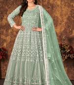 Pista green embroidered & sequins work net anarkali suit - semi-stitched (size upto 42")