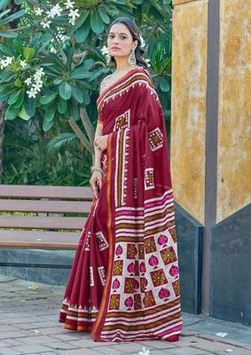 Maroon mulmul cotton printed zari border saree with unstitched blouse piece 1