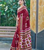 Maroon mulmul cotton printed zari border saree with unstitched blouse piece