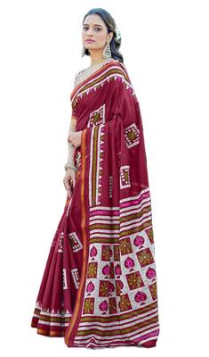 Maroon mulmul cotton printed zari border saree with unstitched blouse piece 4