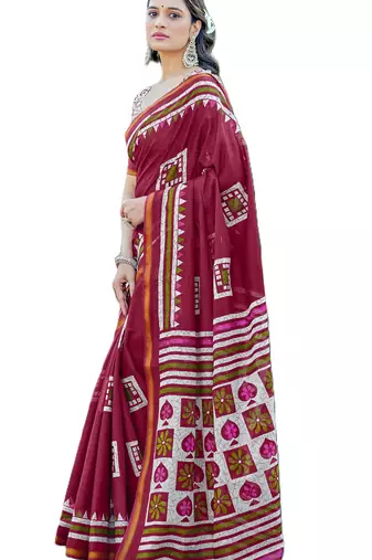 Maroon mulmul cotton printed zari border saree with unstitched blouse piece