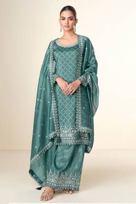 Teal green embroidery & sequins work tissue crush straight palazzo suit - free size stitched (size upto 42") 1