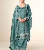 Teal green embroidery & sequins work tissue crush straight palazzo suit - free size stitched (size upto 42")