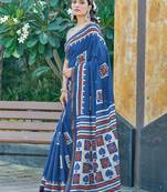 Blue mulmul cotton printed zari border saree with unstitched blouse piece
