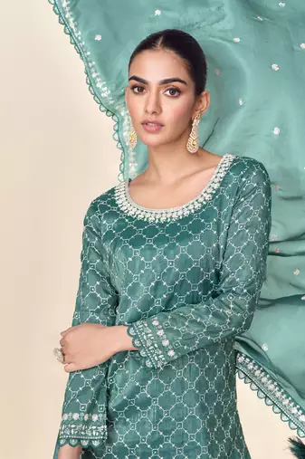 Teal green embroidery & sequins work tissue crush straight palazzo suit - free size stitched (size upto 42")