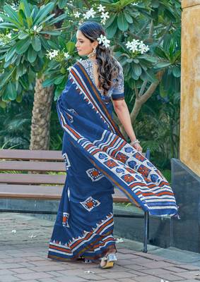 Blue mulmul cotton printed zari border saree with unstitched blouse piece 2
