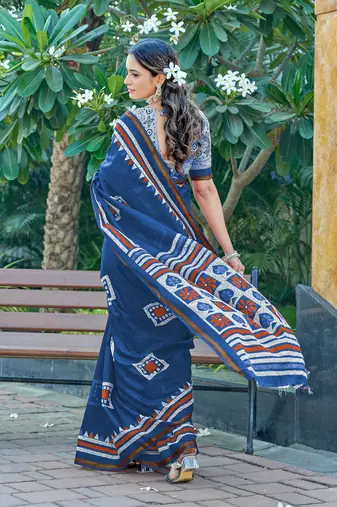 Blue mulmul cotton printed zari border saree with unstitched blouse piece
